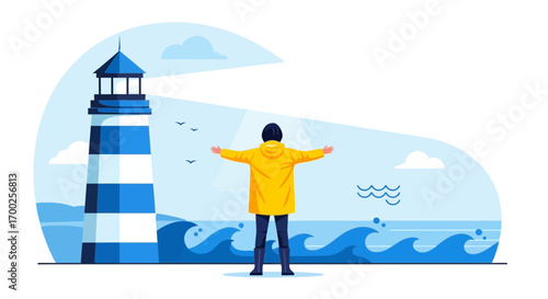 Illustration of a person with arms outstretched looking towards a lighthouse and ocean scenery