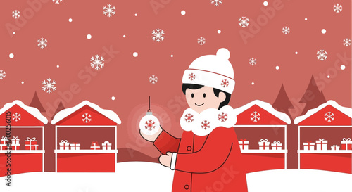 Cartoon illustration of a child at a winter market during a snowy christmas holiday season