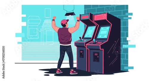 Retro arcade game winner celebrating victory in a neon-lit game room illustration