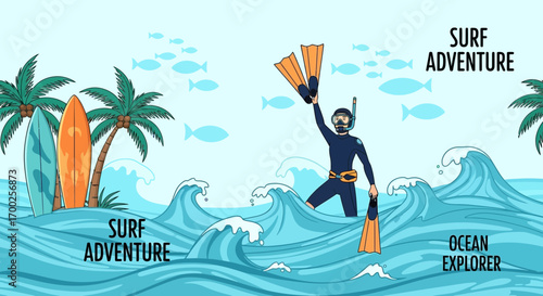 Cartoon illustration showcasing scuba diving adventure and surfing in a tropical beach scene