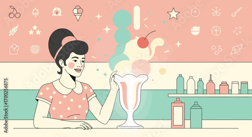 Retro diner scene featuring woman with ice cream sundae with vintage aesthetic