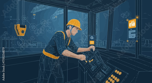 Illustration of a port worker in a control room managing cargo operations with digital interfaces