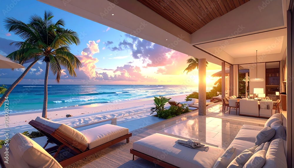 Fototapeta premium Tranquil beachfront villa with a breathtaking sunrise view over the ocean. A luxurious open-air living space showcases the beauty of a tropical paradise.