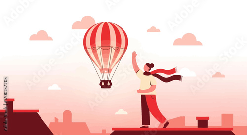 Illustration of a woman waving to a hot air balloon floating above rooftops on a windy day