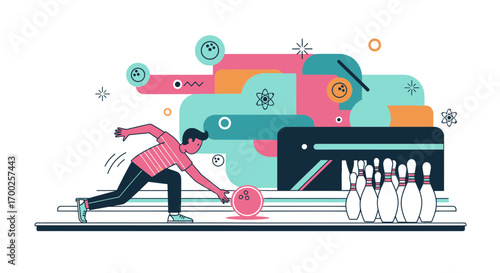 Colorful bowling illustration depicting a bowler in action and abstract lane design