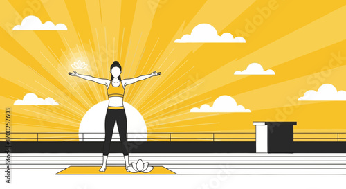 Silhouette Yoga practice at sunrise on rooftop with lotus background Illustration