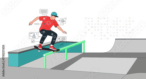 Skateboarder illustration performing a grind with digital interface overlays in skatepark scene