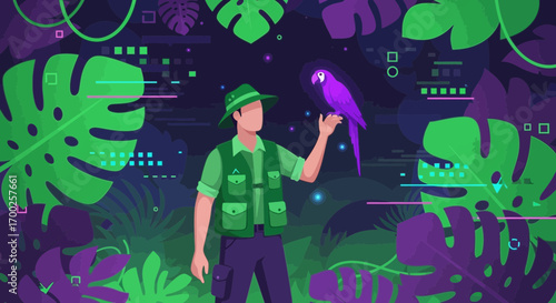Colorful illustration of a park ranger with a parrot in a vibrant tropical jungle setting