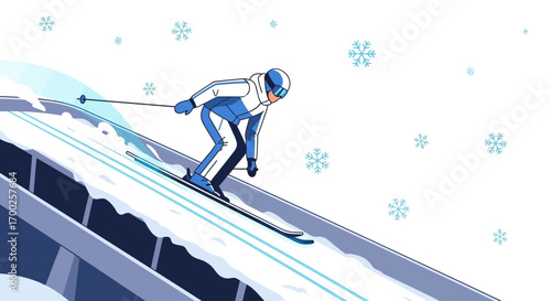 Ski jumper in action performing jump on ski jumping hill during winter season