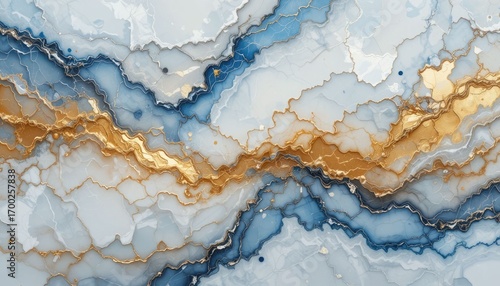 Abstract Marble Art on a White Background with Gold and Blue Hues and Translucent Layering