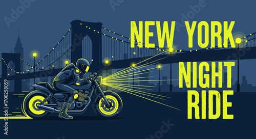Stylish vector illustration featuring a biker riding through New York City at night with the