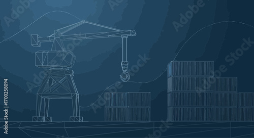 Industrial shipping port concept with crane and container wireframe on blue background