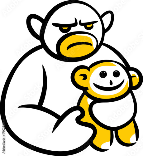 Grumpy ape embraces happy monkey toy, conveying complex emotions and contrasting moods