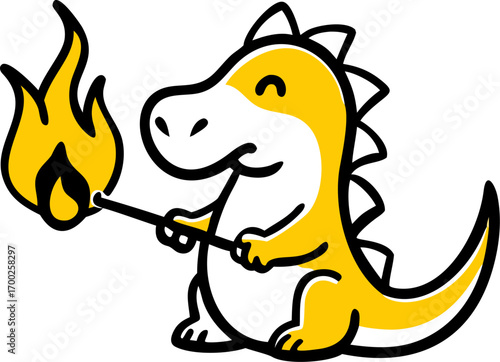 Adorable cartoon dinosaur ignites a bright flame with a match, sparking joy and creativity for your projects.