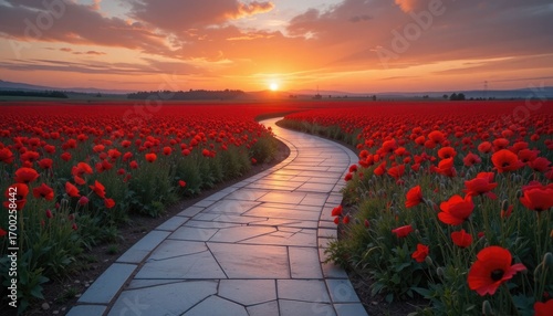 At sunset, a lighted marble path winds through a field of vibrant red poppies.
