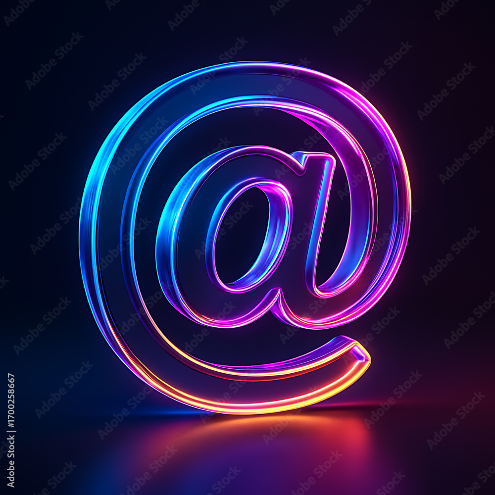 Obraz premium Glowing neon at sign symbol with futuristic lighting effect representing internet communication and digital email identity