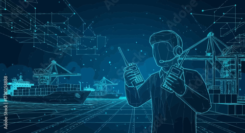 Futuristic maritime logistics illustration showcasing modern communication and technology in