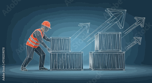 Logistics and Growth Concept with Wireframe Worker and Rising Arrows on Blue Background