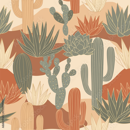 Seamless desert pattern featuring various cacti and succulent plants illustration, seamless pattern, Stock royalty.