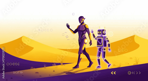 Futuristic robots exploring a digital desert landscape under a radiant gradient sky and modern