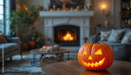 A lighted pumpkin with carvings in a contemporary living room