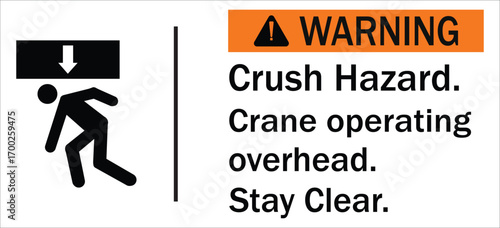 Overhead crane hazard sign and labels crush hazard, crane operating overhead. Stay clear  sign, logo, icon, sticker, label, symbol, black, line, flat vector, isolated illustration.