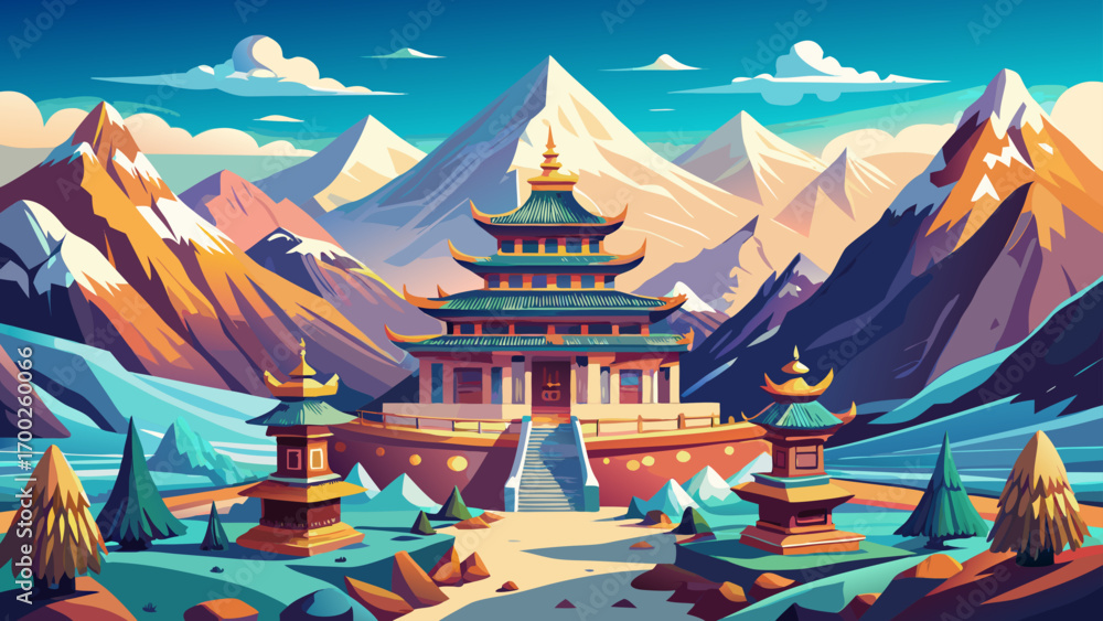 Fototapeta premium Explore the majestic temple himalayas architectural wonder serene snowy peaks panoramic view spiritual heritage experience