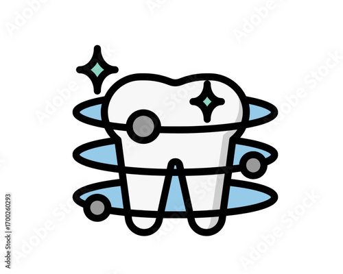 Vector icon of a sparkling clean tooth with a protective blue swirl, representing dentistry, oral health, and hygiene concepts for a medical clinic