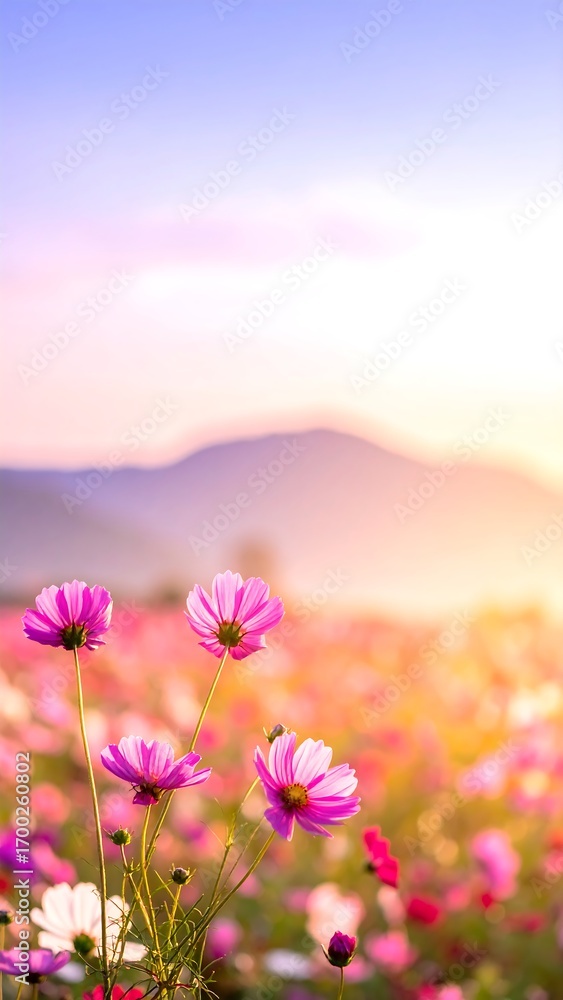 Obraz premium A vibrant field of cosmos flowers blossoms under a beautiful pastel sunset, showcasing a range of pinks and whites against a hazy mountain backdrop.
