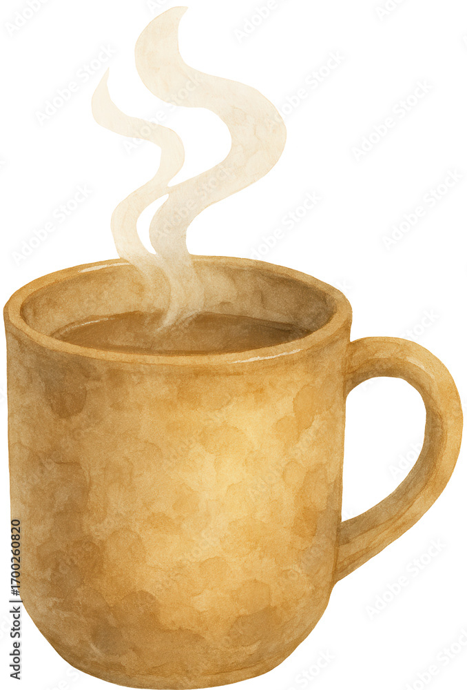 Obraz premium Cozy watercolor illustration of a warm steaming coffee cup in earthy tones, rustic ceramic style, perfect for kitchen art, café design, and autumn vibes