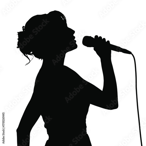 Vector silhouette of a woman singing into a microphone illustration for commercial use silhouette vector illustration white background