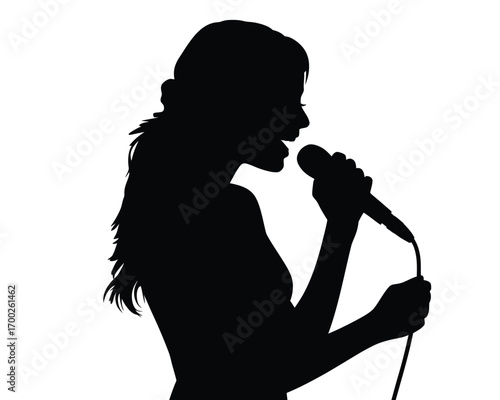 Silhouette vector illustration of a woman singing into a microphone scalable eps graphic silhouette vector illustration white background