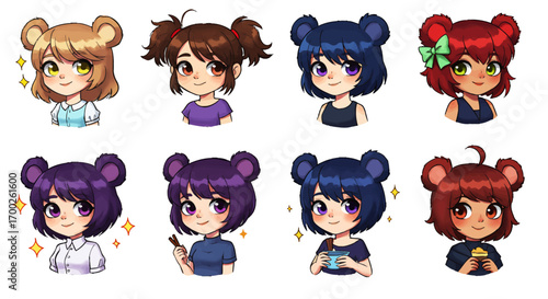 A charming and versatile design collection of cute anime-style bear girl characters, perfect for creating stickers, avatars, and emotes