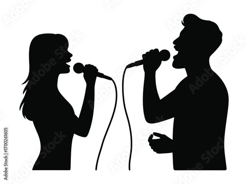 Two singers silhouettes holding microphones performing together vector illustration silhouette vector illustration white background
