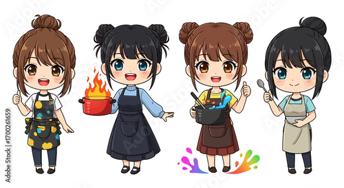 Set of cute chibi girls cooking in the kitchen, a delightful mascot character vector design with a whisk and pan for culinary projects