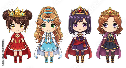 A collection of cute princess and queen character illustrations, a beautiful vector graphic design set of four female avatars