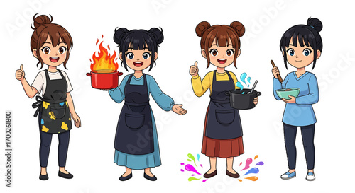Cartoon design of female cooks with cooking utensils, suitable for culinary or recipe-related projects