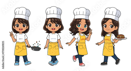 A charming collection of a young female chef character in various cooking poses, an isolated vector graphic design set