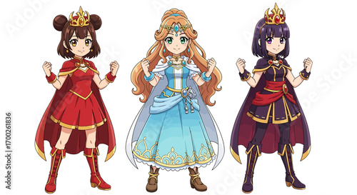 Character design set of three powerful anime-style princess warriors in vibrant royal fantasy costumes