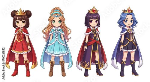 Whimsical fantasy queen and princess character design collection, a set of four cute cartoon girls in royal attire