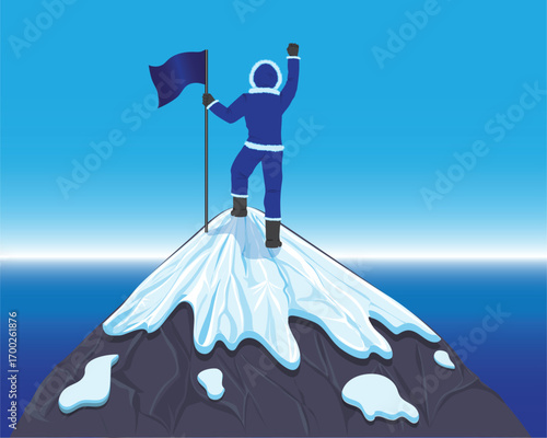 Vector design of a natural landscape of an iceberg peak and blue sky and sea and there is a man wearing a warm thick coat standing on the peak while waving a blue flag