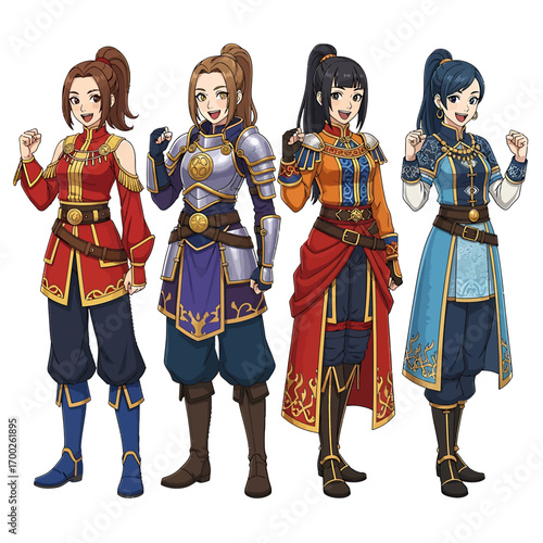 A collection of four female warrior characters in fantasy armor, showcasing a detailed and varied character design set for gaming or animation