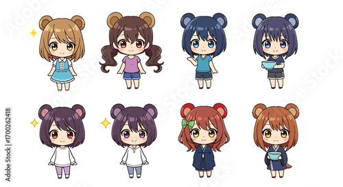 A charming character design collection of eight adorable chibi anime girls with bear ears and different outfits