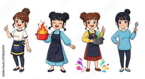 Collection of cute cartoon girl chef characters in various cooking poses, a vibrant and charming vector illustration design for culinary themes