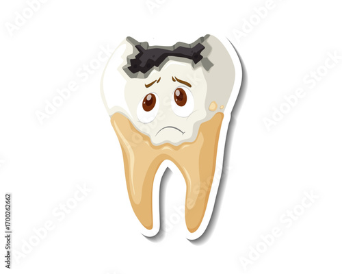 Sad cartoon molar tooth sticker showing advanced dental caries and decay. An illustration representing poor oral hygiene and toothache problems, isolated on white