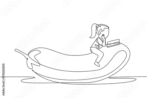 Single continuous line drawing girl reading on eggplant. Looking for a way to make eggplant more delicious when cooked. Girl Reading Book at Vegetables and Fruits. One line design vector illustration