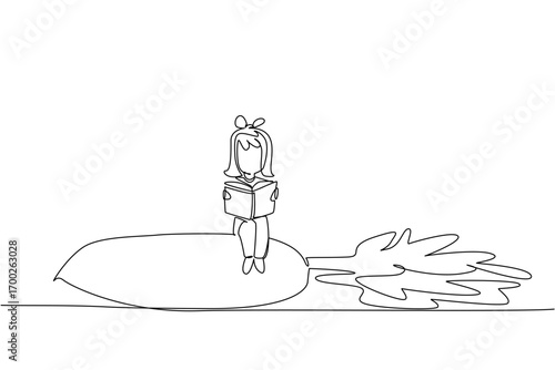 Single one line drawing girl reading on white radish with its leaves. The one who loves reading books the most. Girl Reading Book at Vegetables and Fruits. Continuous line design graphic illustration