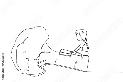 Single one line drawing girl reading on broccoli. Curiosity makes learning. Know a lot of knowledge. The nerd. Girl Reading Book at Vegetables and Fruits. Continuous line design graphic illustration