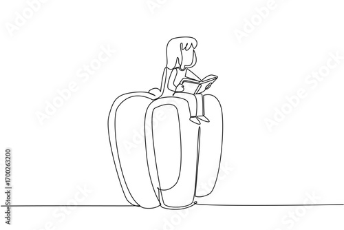 Continuous one line drawing girl reading on peppers. Reviewing lessons for practical exam on growing peppers. Girl Reading Book at Vegetables and Fruits. Single line draw design vector illustration
