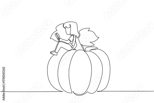 Single continuous line drawing girl reading on pumpkin leaf. Read history of the beginning of the Halloween celebration. Girl Reading Book at Vegetables and Fruits. One line design vector illustration